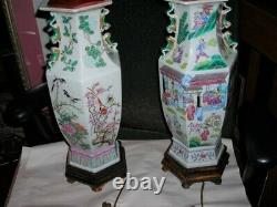 Vente! Belle Paire De Grandes Lampes Chinoises Vintage/antique Famille Rose 34 Tall