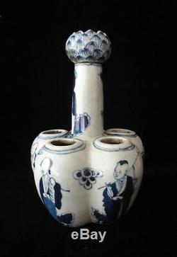 Vieux Grand Bleu Chinois Et Porcelaine Lotus Blanc Vase Signé Kangxi