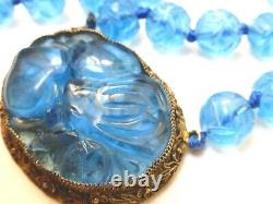 Vinage De Chinois / Antique Blue Glass De Pêche En Voiture Necklace Grand Pendentif