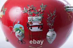 Vintage 20e Décoratif Original Grand Vase De Porcelaine Rouge Chine Qianlong Marqué
