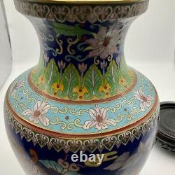 Vintage 20ème Original Chinois Cloisonné Grand Vase Oiseaux Fleurs Butterfly Stand