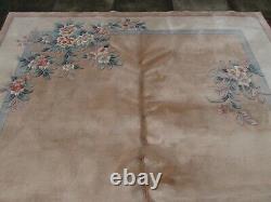 Vintage À La Main Art Déco Chinese Rose Laine Beige Grand Tapis 305x245cm