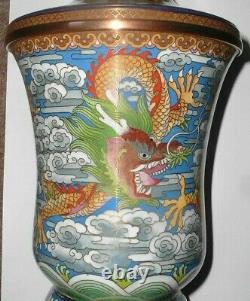 Vintage Grand Dragon Chinois Nuages Lotus Cloisonne Vase C1920