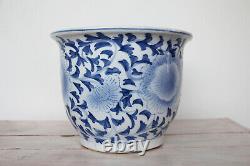Vintage Grand Porcelaine Chinoise Jardiniere, Planter, Vase, Blanc Et Bleu