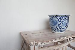 Vintage Grand Porcelaine Chinoise Jardiniere, Planter, Vase, Blanc Et Bleu