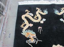 Vintage Hand Made Art Déco Chinese Carpet Black Wool Large Rug 247x154cm Dargon