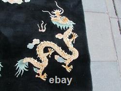 Vintage Hand Made Art Déco Chinese Carpet Black Wool Large Rug 247x154cm Dargon