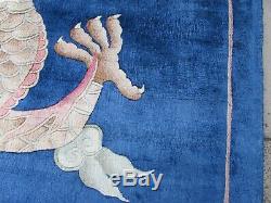 Vintage Hand Made Art Déco Oriental Chinois Bleu Soie Grand 355x265cm Tapis