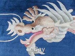 Vintage Hand Made Art Déco Oriental Chinois Bleu Soie Grand 355x265cm Tapis