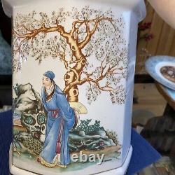 Vintage Oriental Chinois Japonais Vase De Porcelaine De Grande Taille Hexagonale