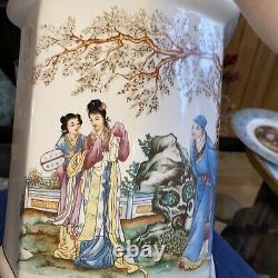 Vintage Oriental Chinois Japonais Vase De Porcelaine De Grande Taille Hexagonale