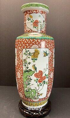 Vtg Antique 20e C. Grand Rose De Chine Famille Avec Vase Porcelaine Stand En Bois