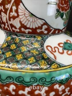 Vtg Antique 20e C. Grand Rose De Chine Famille Avec Vase Porcelaine Stand En Bois